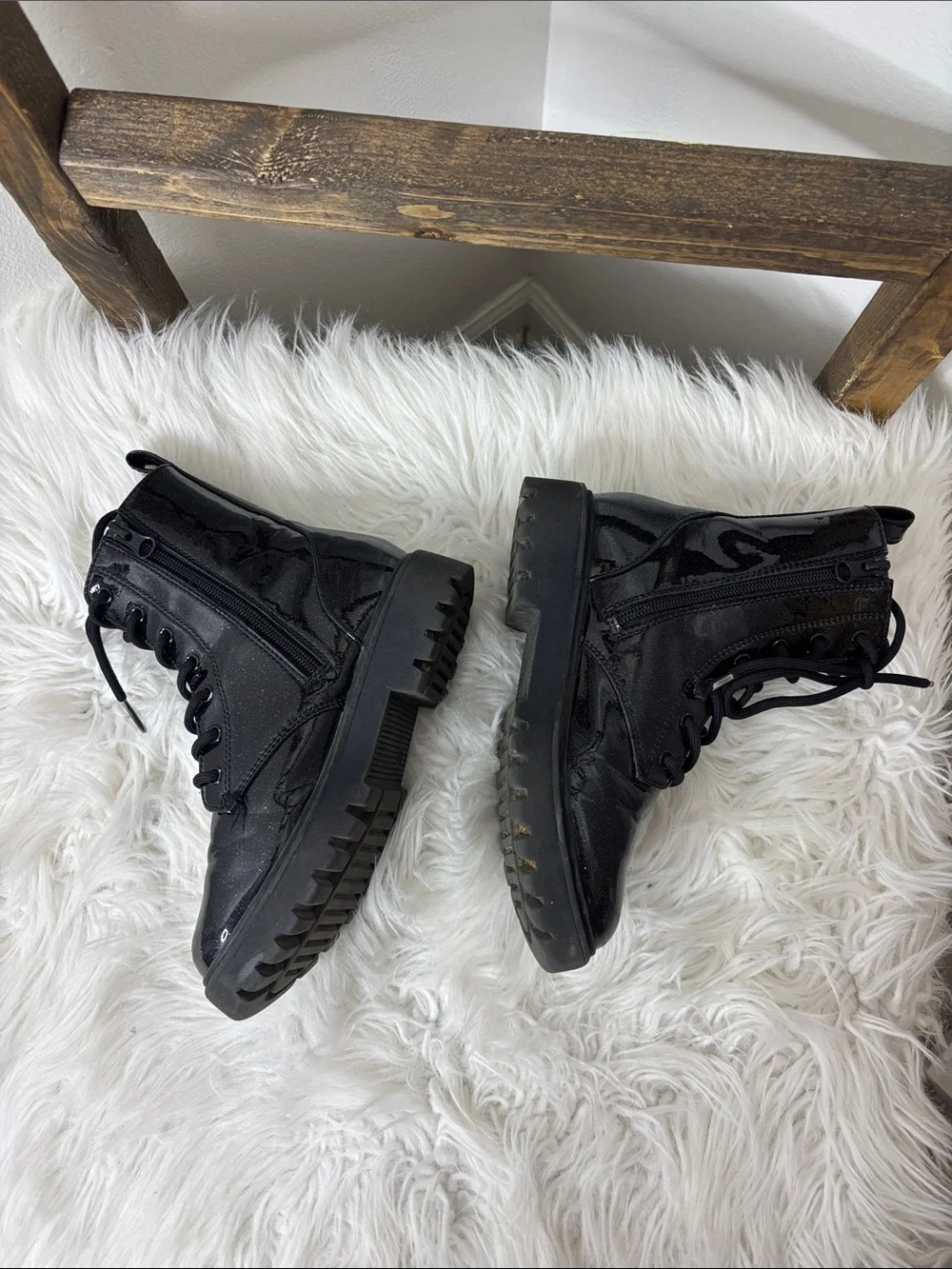 art class Black Patent Glitter Lace-Up Platform Boots Size 3